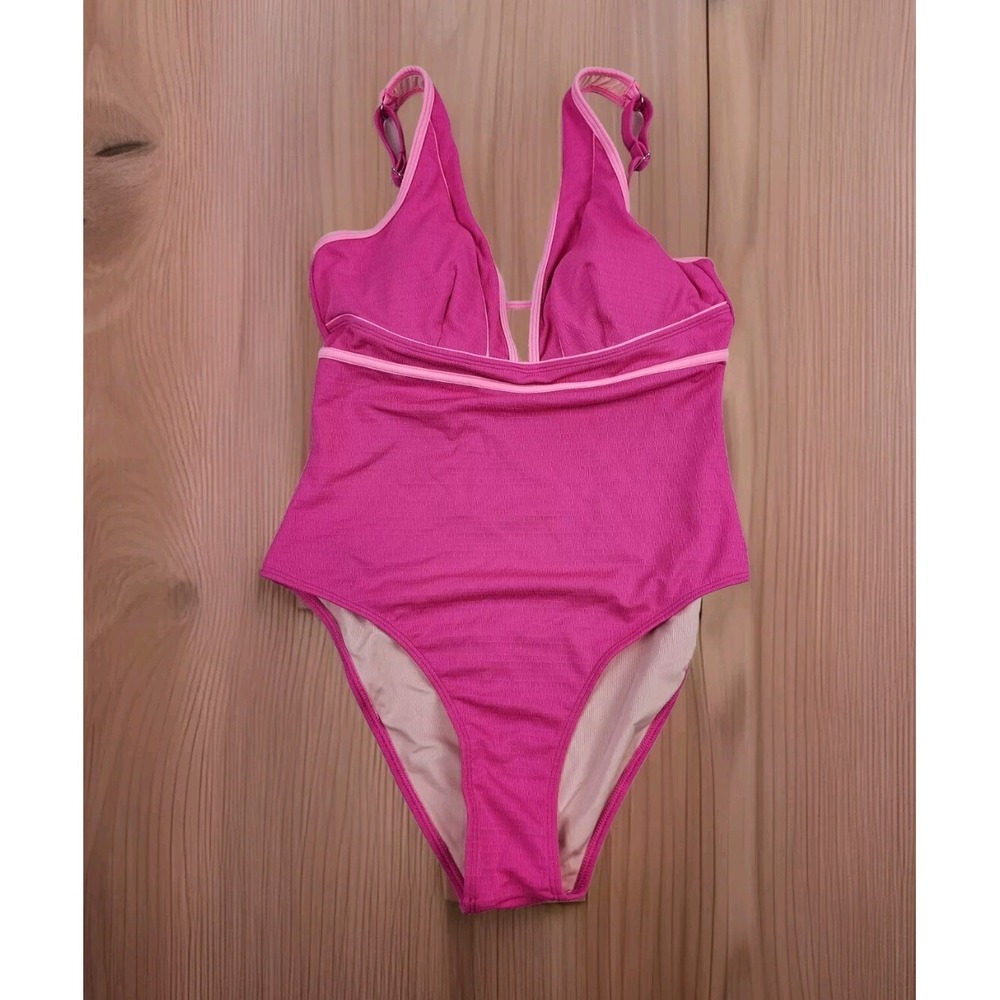 Cupshe XL Plunging Pink Piped Tummy Control One Piece HOT Pink Swimsuit